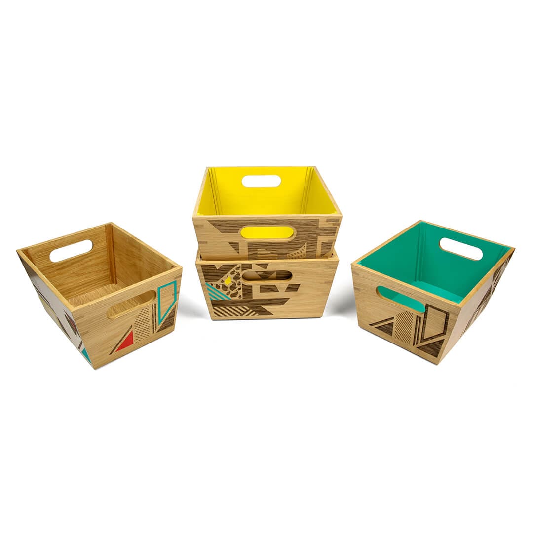 colourful serving crates with handles